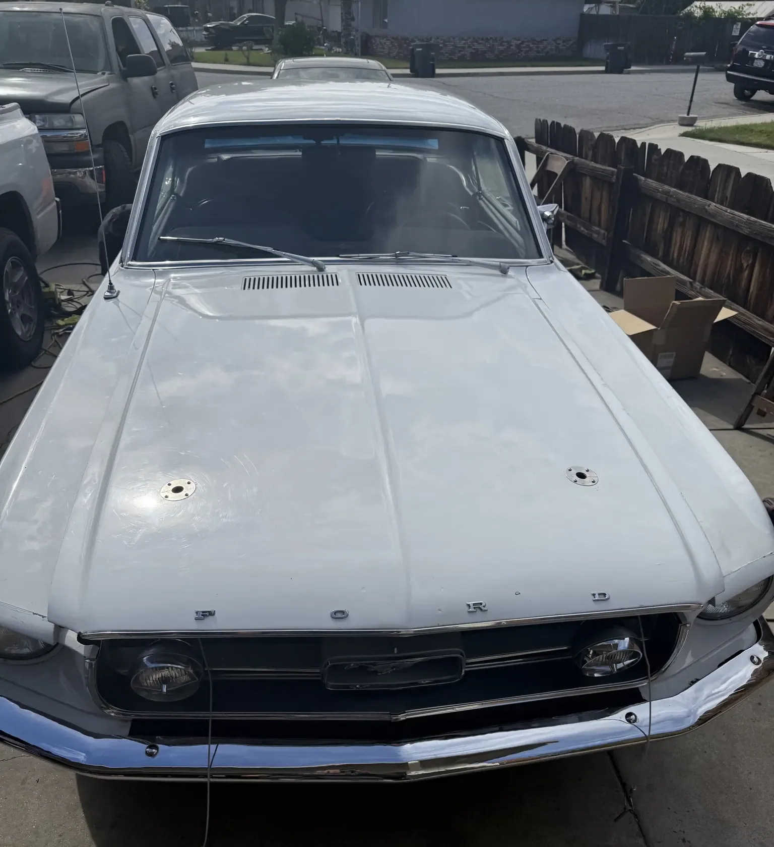 The Mustang in our driveway, May 2025