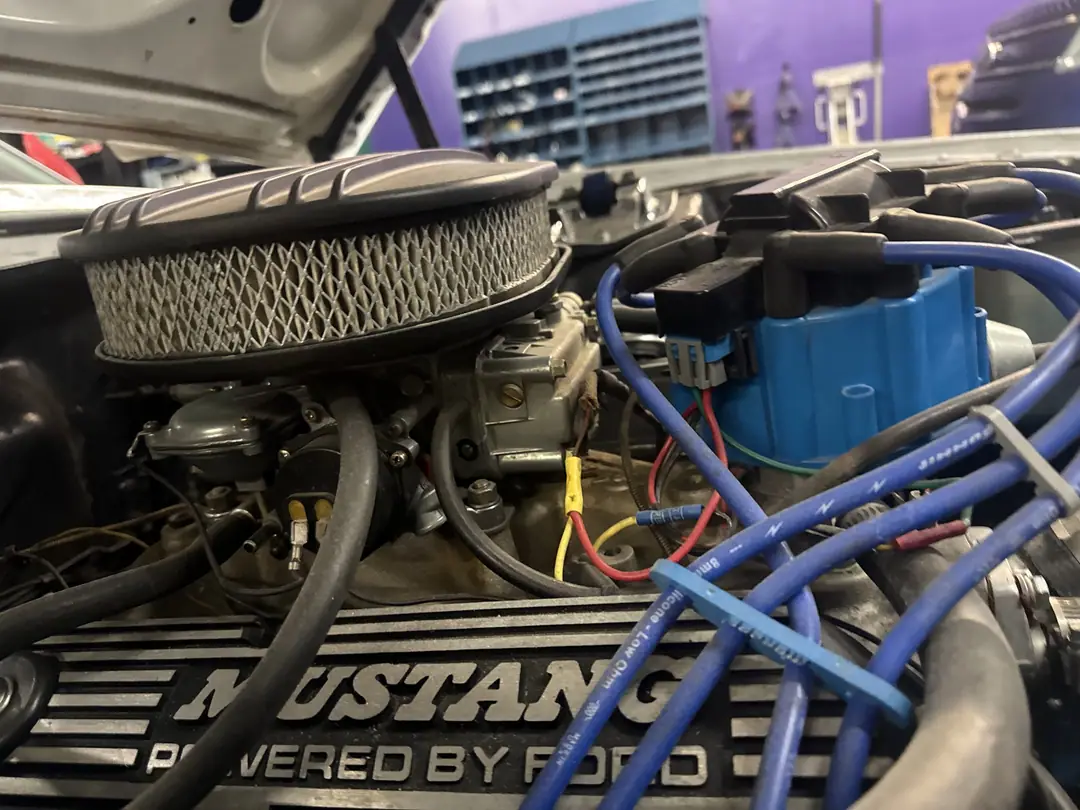 Rebuilt blue Ford 289 V8 with Mustang Powered by Ford valve covers and blue plug wires